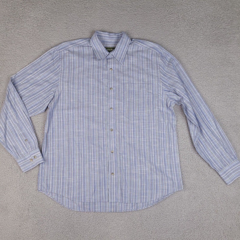 Eddie Bauer Shirt Mens Large Blue Striped Vintage Retro Long Sleeve 100% Cotton